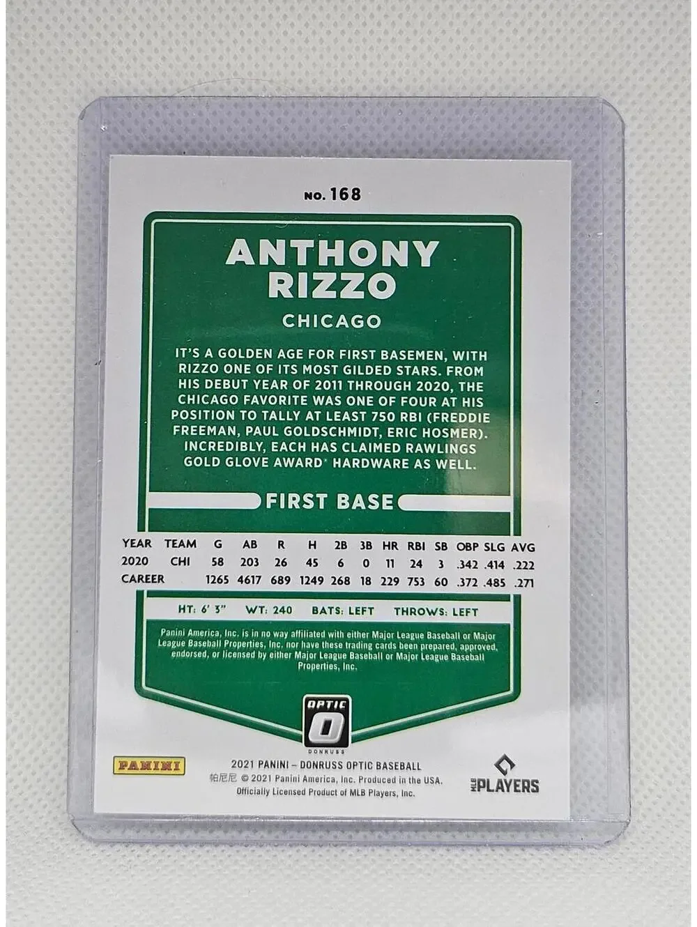 Anthony Rizzo - 2021 Panini Donruss OPTIC - #168 - Cubs - RAW Mint